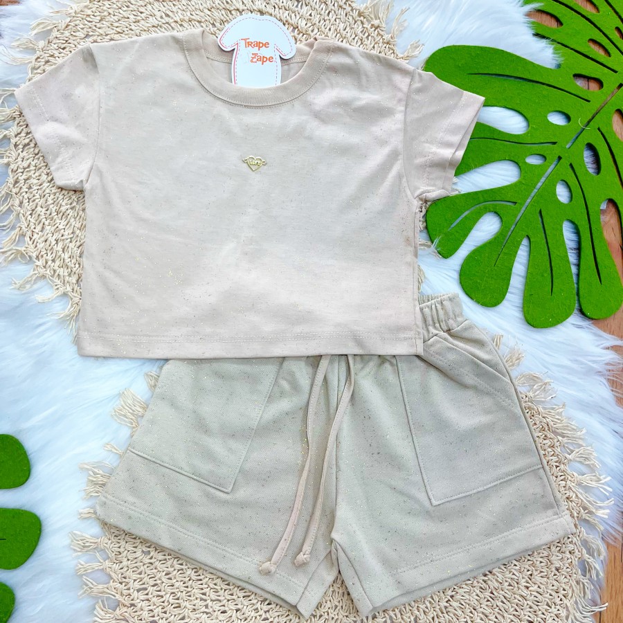 Conj. Blusa Coração e Short Brilhos - Areia